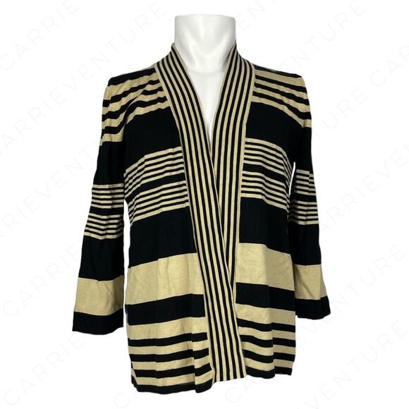 Cable & Gauge Sweater Black Camel Striped Silk Blend Corpcore Office Cardigan M - Picture 1 of 6
